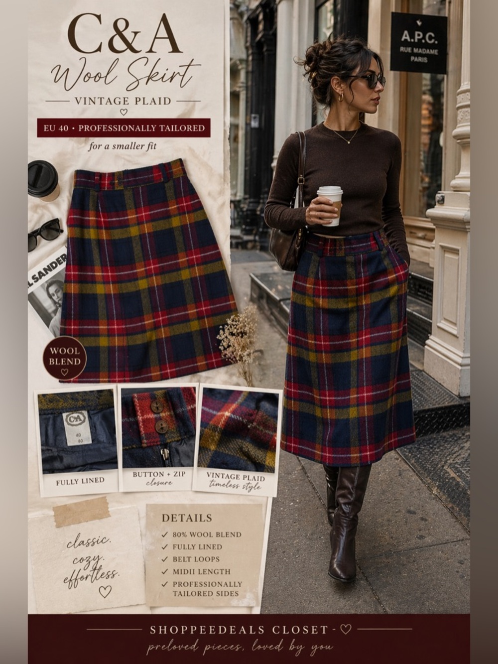 C&A Vintage Plaid Wool Skirt EU 40 Tailored Midi Fall Academia